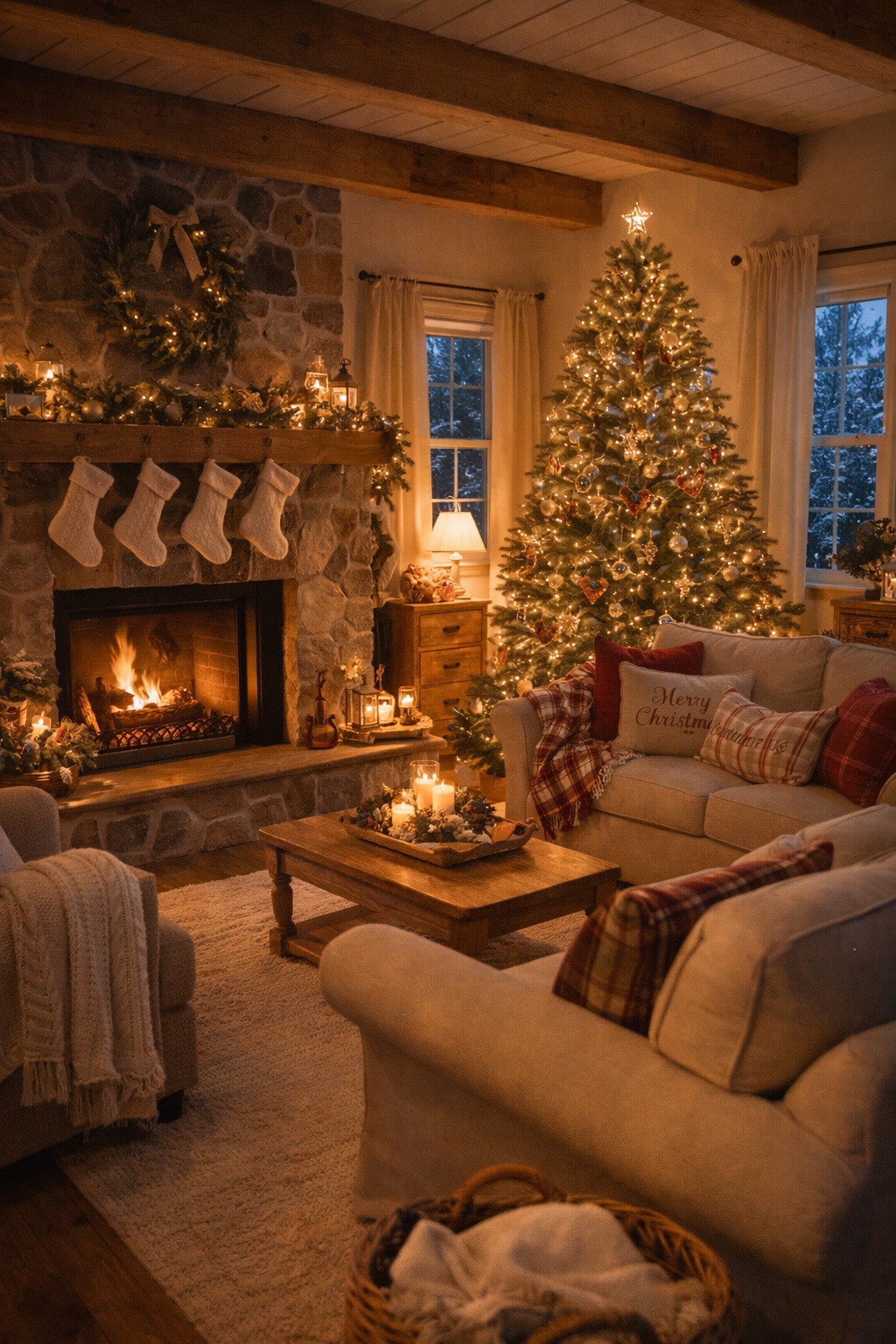 Cozy farmhouse living room lit by a Christmas tree with warm lights and rustic holiday decor to enjoy the quiet magic of the season.