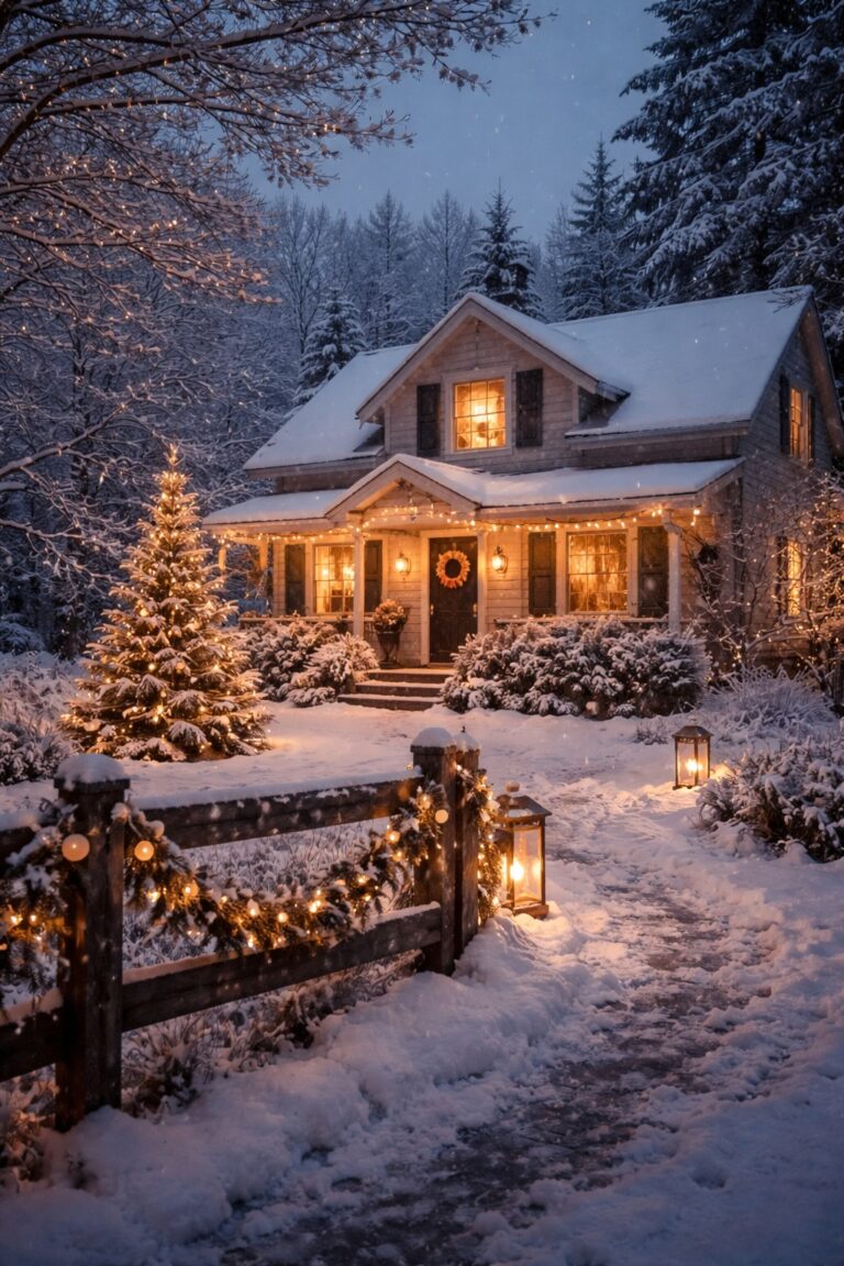 Snowy farmhouse at dusk with warm Christmas lights glowing, capturing the peaceful magic of the winter season.