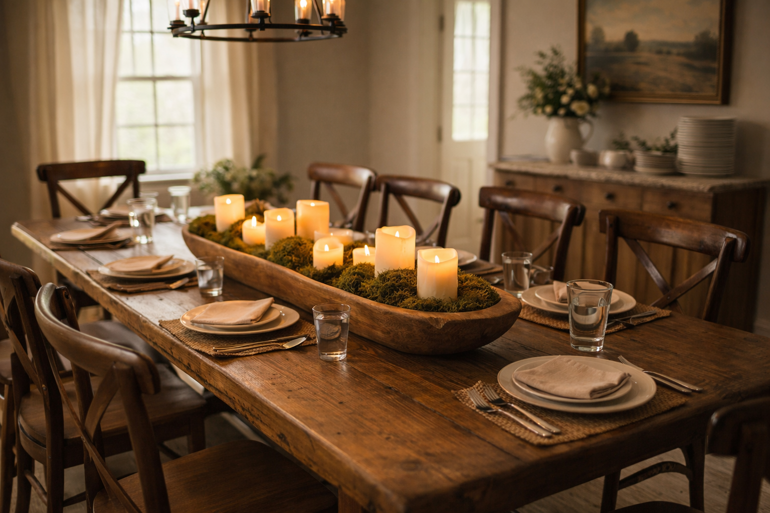 Warm farmhouse dining room set for a casual, cozy gathering at Hidden Brook Hollow where we focus on easy stress-free cooking, baking & entertaining
