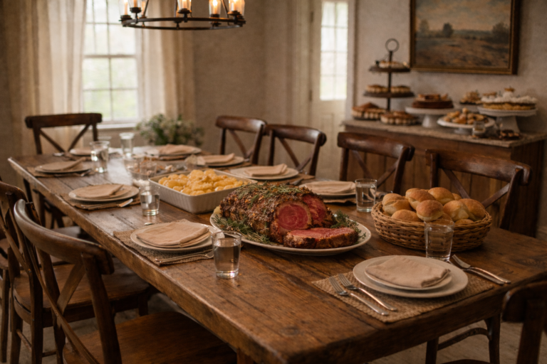 Rustic farmhouse dining table set for a cozy family meal with sliced roast beef, homemade rolls, and warm side dishes in a sunlit dining room