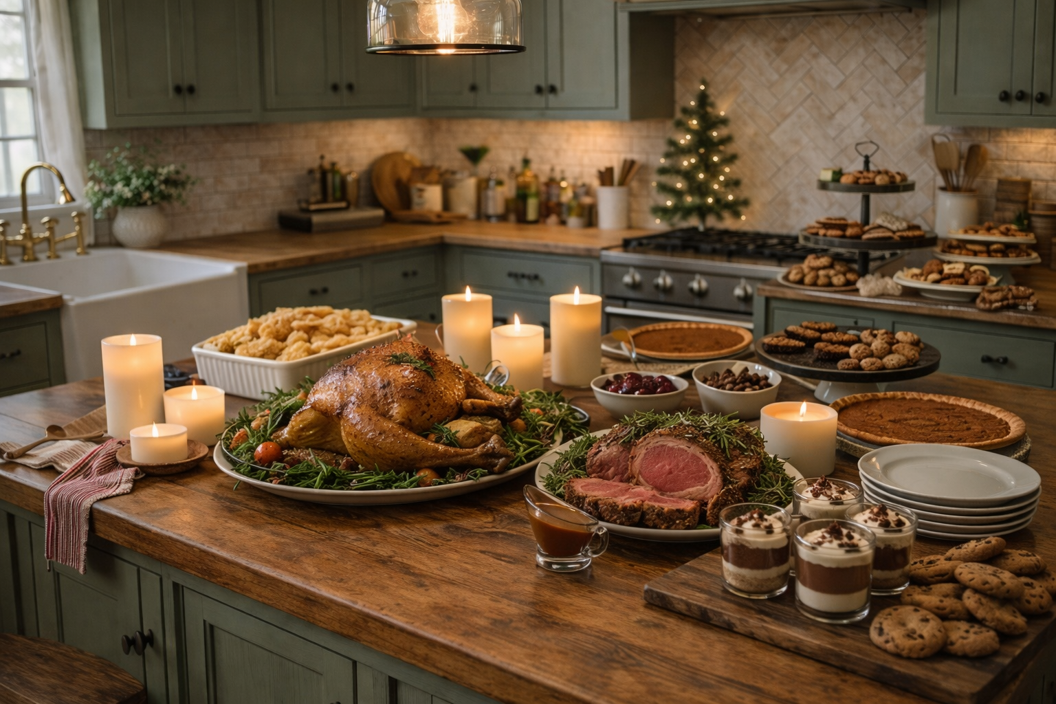 Rustic farmhouse kitchen island set up for a holiday dinner with make-ahead dishes, appetizers, desserts, and candles in a warm, organized hosting space.