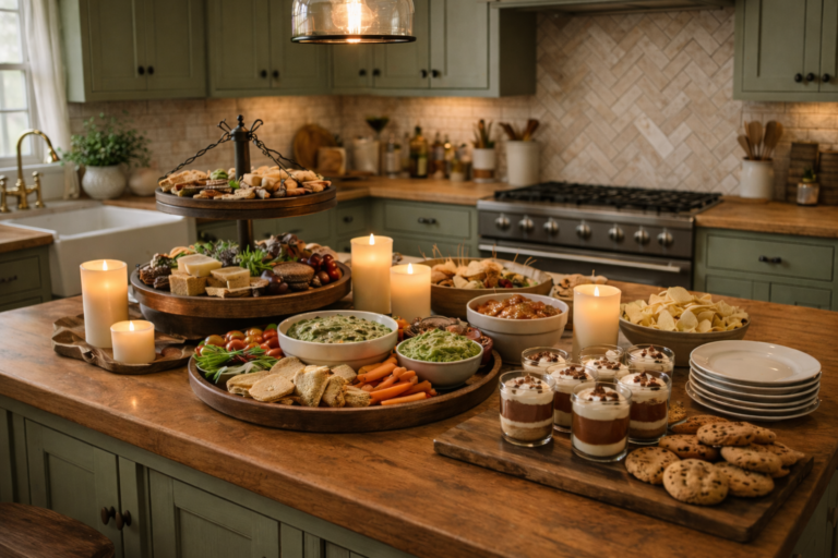 Cozy farmhouse kitchen island set for easy entertaining with tiered charcuterie boards, creamy dips, sliced vegetables, crackers, chips, candlelight, and individual dessert cups arranged on warm wood surfaces