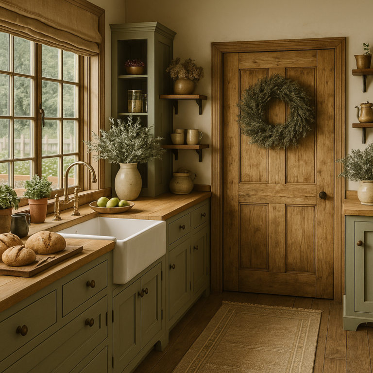 Farmhouse sink with sage green cabinets overlooking a garden through a sunlit window