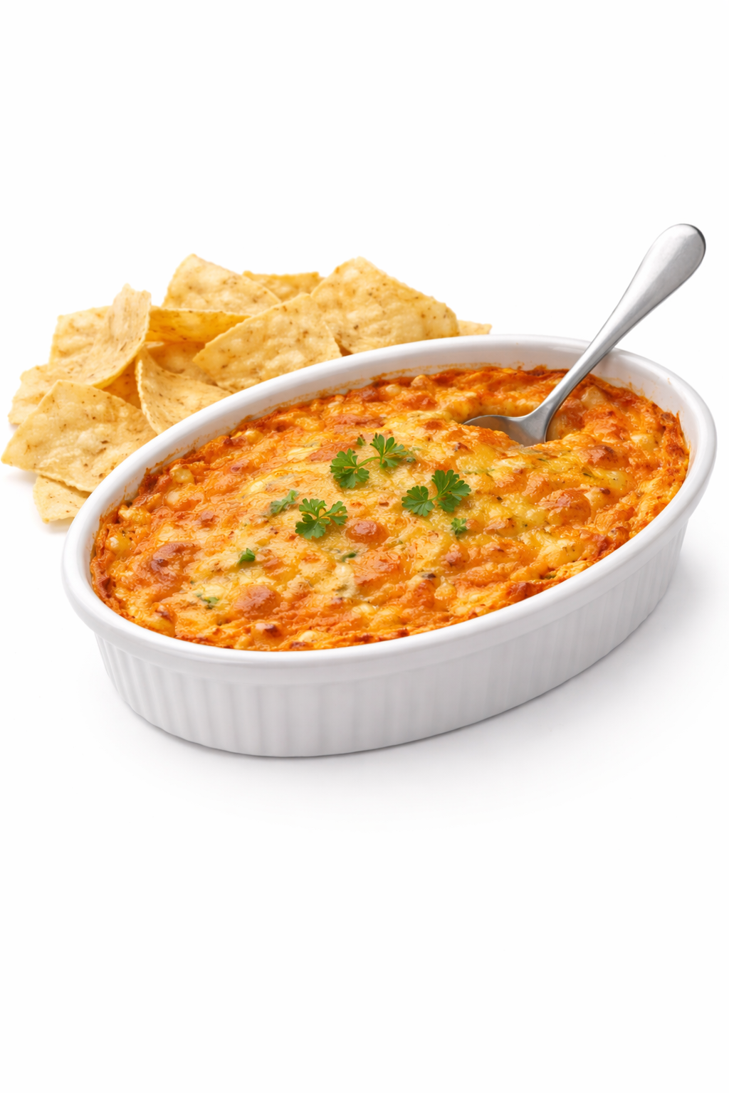 Buffalo chicken dip baked in a dish, topped with melted cheese and served with tortilla chips