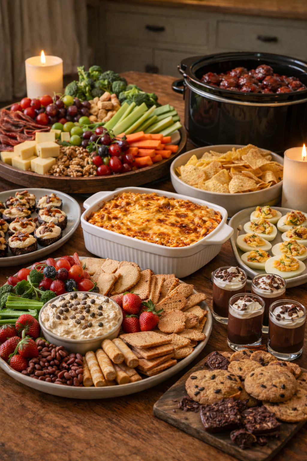 Cozy party bites and shareables spread on a rustic farmhouse table featuring charcuterie, crudité, deviled eggs, stuffed mushrooms, buffalo chicken dip baked in a white French corningware dish with browned cheese, cranberry BBQ meatballs, cannoli dip with fruit and cookies, and dark chocolate mousse dessert cups