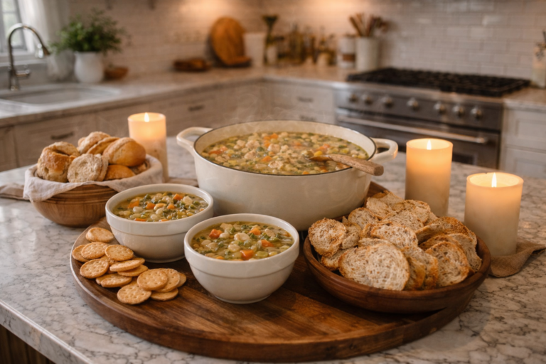 Farmhouse kitchen island set as a cozy soup serving station with a Dutch oven of hearty stew, rustic bowls, assorted bread, and warm candlelight