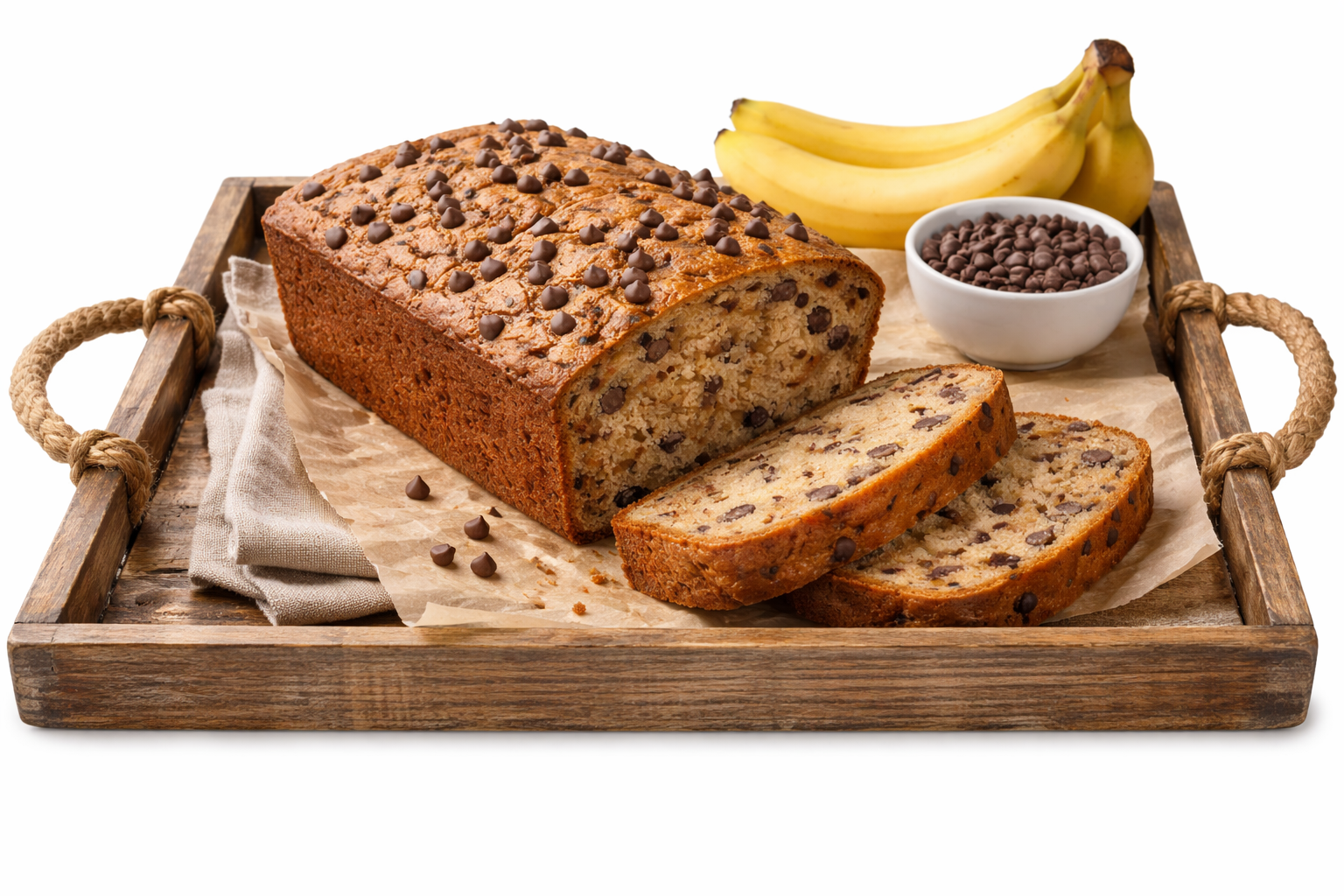 Easy homemade banana bread loaf sliced and served on a wooden tray with fresh bananas and coffee, cozy everyday dessert