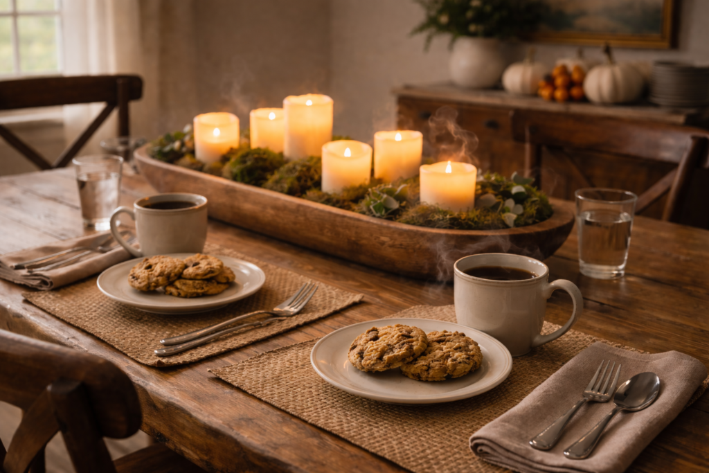 Cozy dessert setting for two with coffee and oatmeal raisin cookies on a rustic farmhouse dining table with candle centerpiece