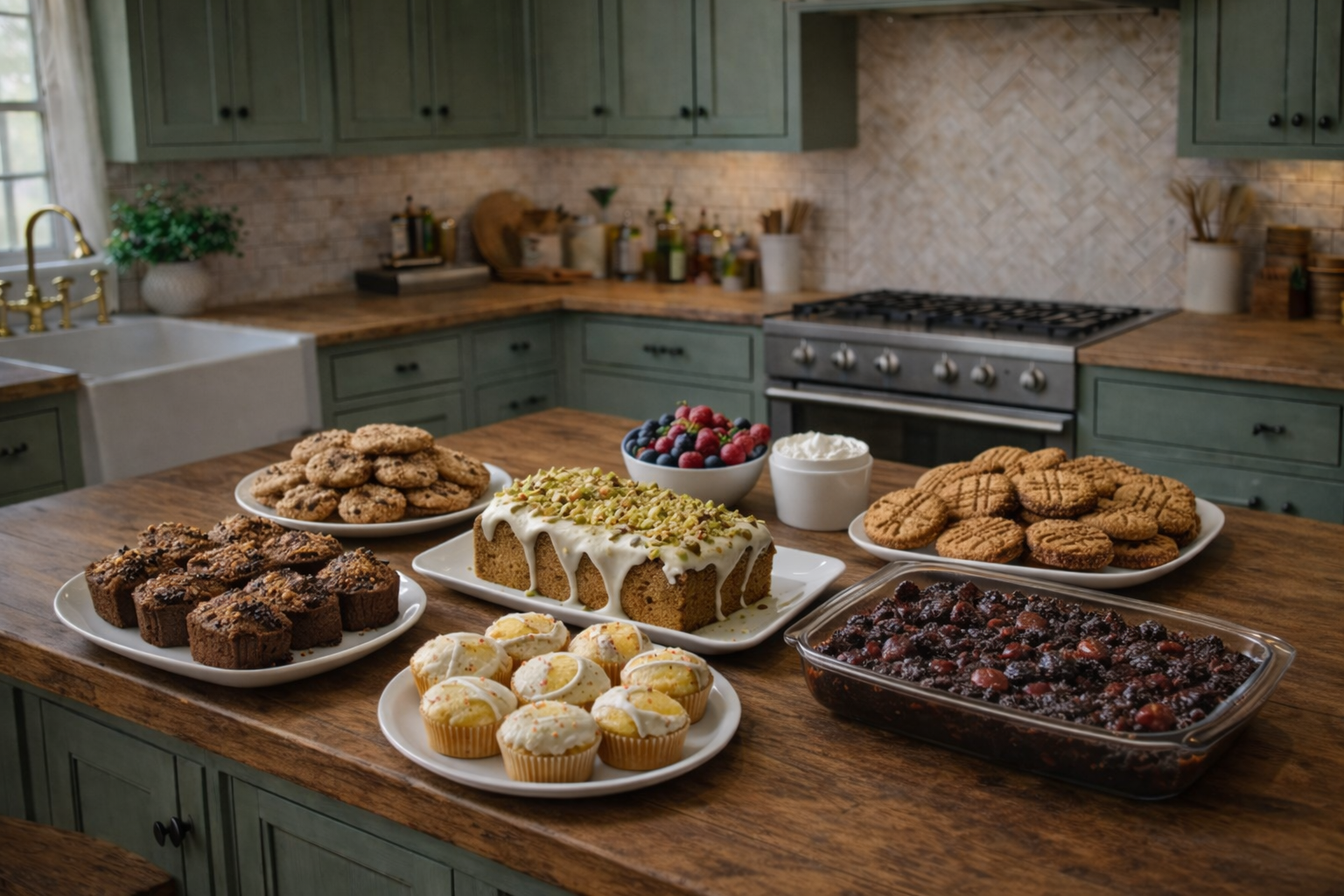 Easy everyday dessert recipes displayed on kitchen island including banana bread, muffins, cookies and chocolate cherry dump cake