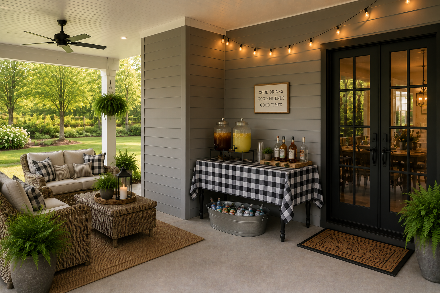 Cozy farmhouse-style covered patio with outdoor drink station featuring lemonade and iced tea dispensers, beverage tub, wicker seating area, string lights, black French doors, and relaxed backyard entertaining setup.
