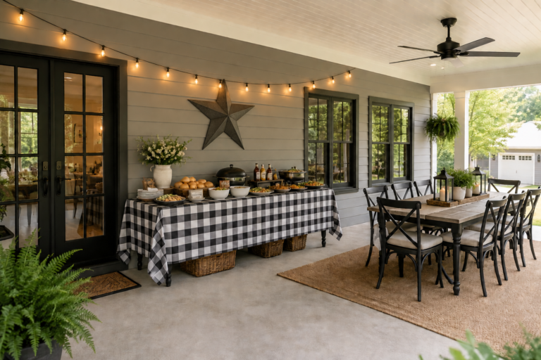 Modern farmhouse-style covered patio with black French doors, buffet cookout table with checkered tablecloth, outdoor dining area, ceiling fan, string lights, and cozy backyard entertaining setup.