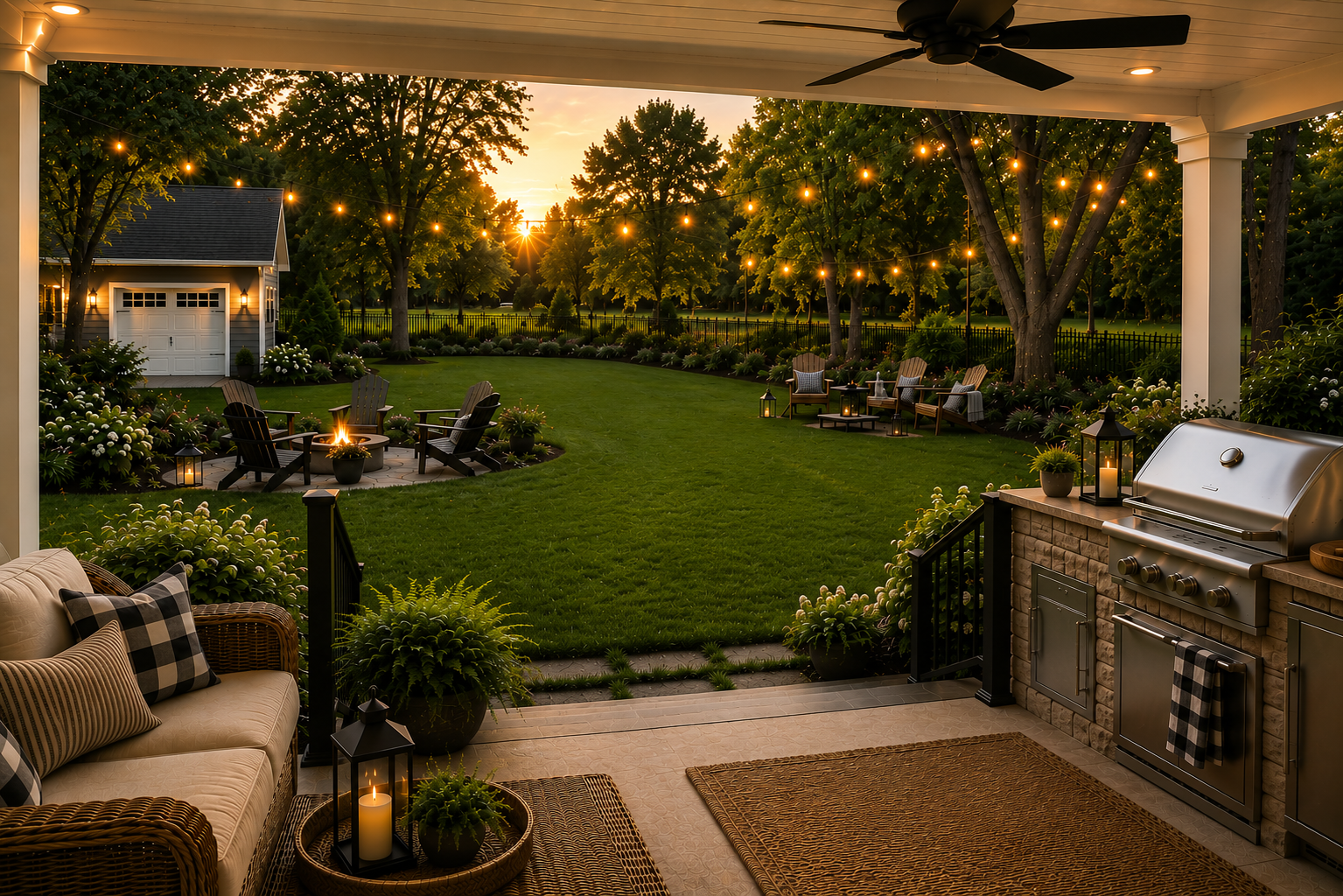 Cozy farmhouse-style backyard entertaining space viewed from a covered patio with wicker seating, outdoor kitchen grill area, glowing string lights, firepit seating, and landscaped lawn at sunset.