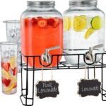 Set of 2 glass spigot drink dispensers with stand