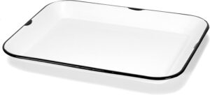 Rustic white enameled metal tray with black trim