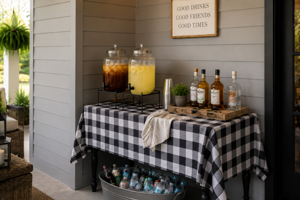 Self-serve beverage station with drink dispensers, bottled beverages in an ice tub, and serving supplies prepared for a backyard gathering.