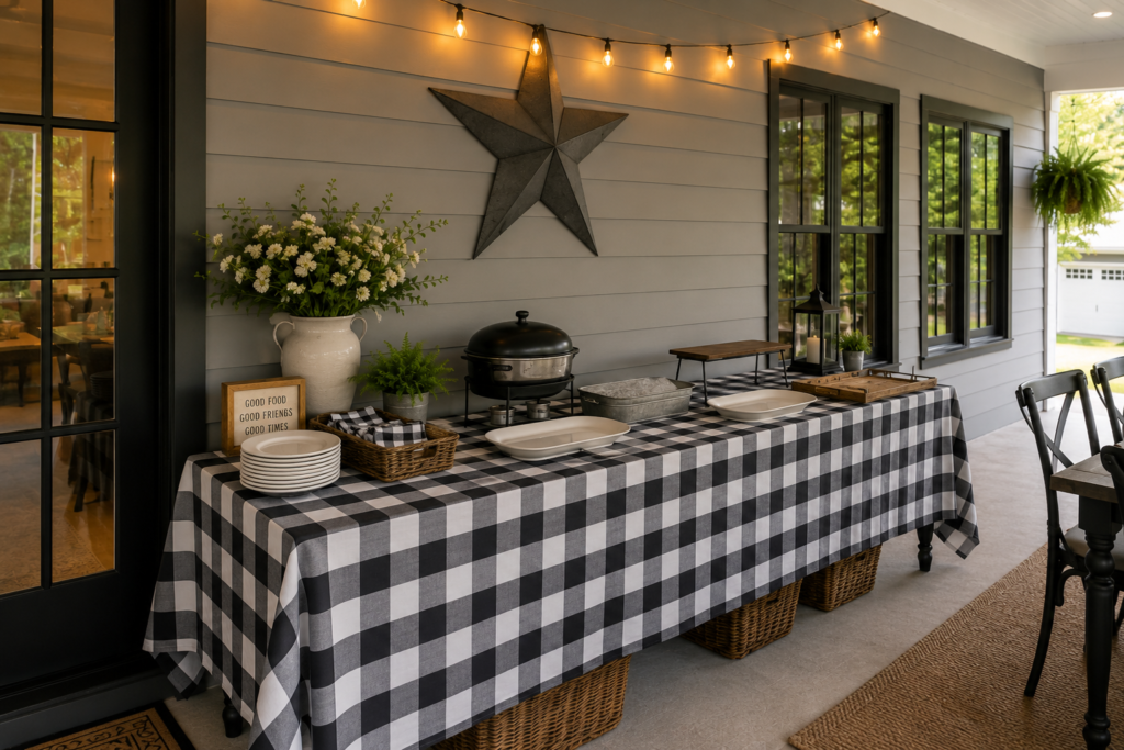Outdoor cookout buffet table setup with serving platters, foil pans, stacked plates, and entertaining supplies prepared for a backyard gathering.