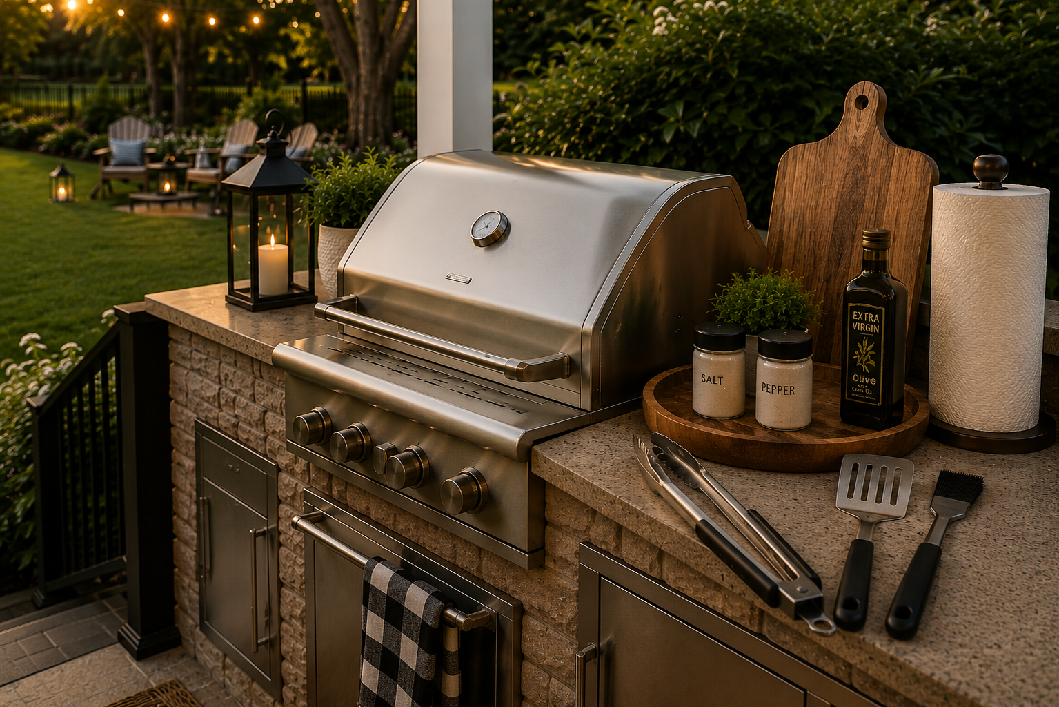 Essential grilling tools including tongs, spatula, and grill brush displayed beside a backyard gas grill before a cookout.